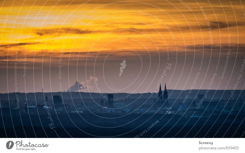 from afar... Sky Clouds Horizon Sunrise Sunset Cologne Germany Europe Town Skyline Dome Orange Vantage point Far-off places City life Urbanization Colour photo