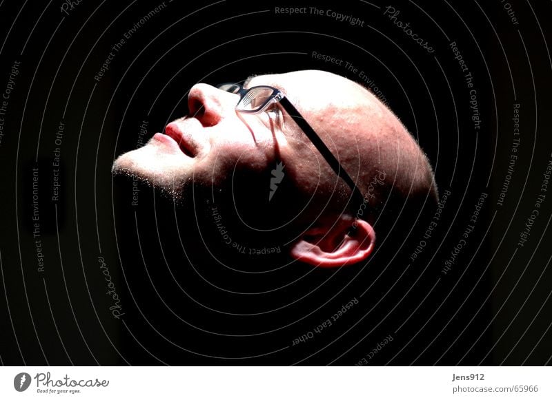 me Self portrait Portrait photograph Bald or shaved head Forehead Eyeglasses Stage lighting Dark Black Head horn-rimmed glasses Bright Shadow Contrast