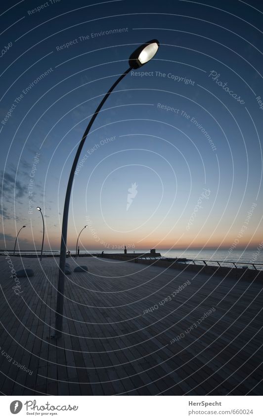 On the boardwalk Sky Beautiful weather Coast Ocean Mediterranean sea Tel Aviv Israel Town Port City Deserted Esthetic Blue Gray Loneliness Sea promenade Lantern