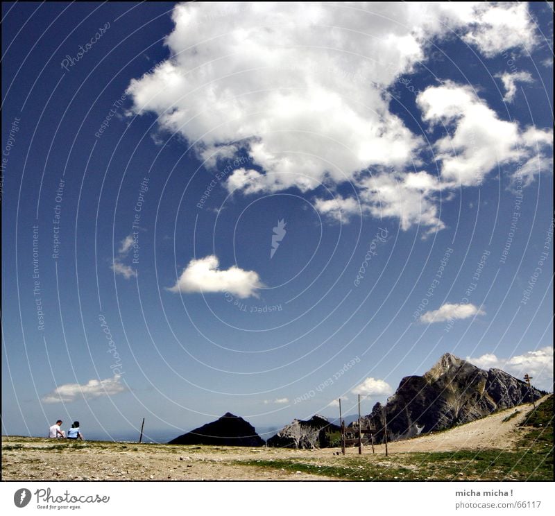 Lost in thought Clouds Peak White Calm Break Leisure and hobbies Relaxation Hiking Mountain Blue Level Tall Couple