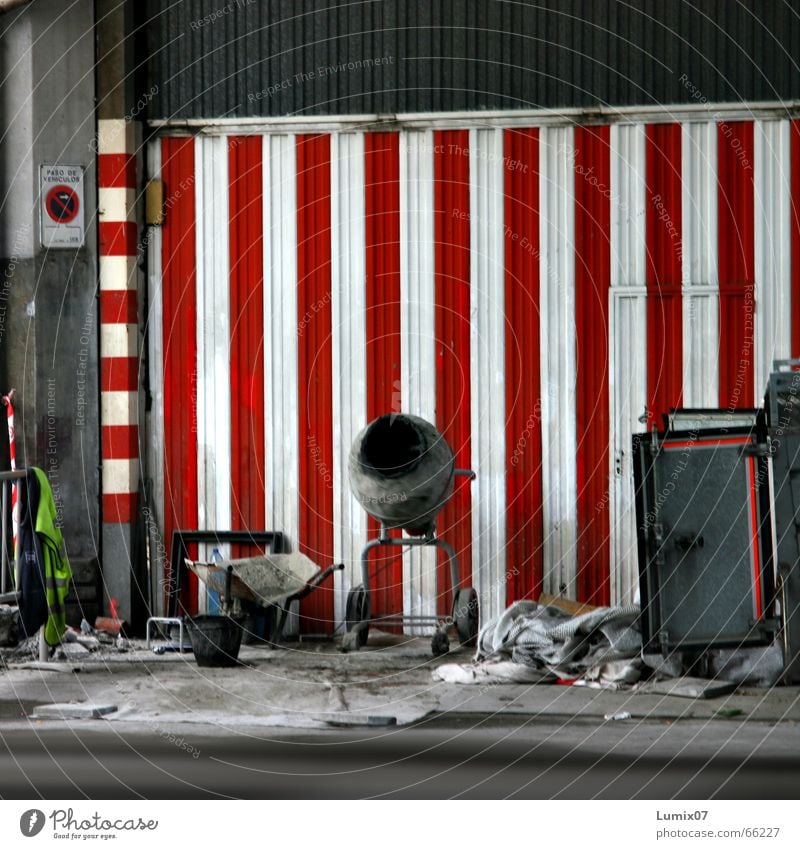 Construction Site of the "Funky Maurers" Construction site Stripe White Red Vertical Trash No standing Work and employment Spain Mixer