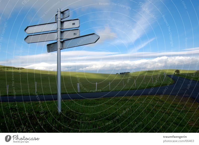 Disoriented False Unnatural Structures and shapes Flat Future Dream Clouds Fence Field Grass Meadow Auvergne France Road marking Signs and labeling