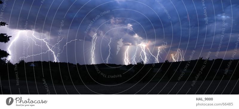 gosh Clouds Panorama (View) Lightning Far-off places Summer Dark Black Gray Electricity Storm Gale Thunder and lightning Rain Blue Weather Large