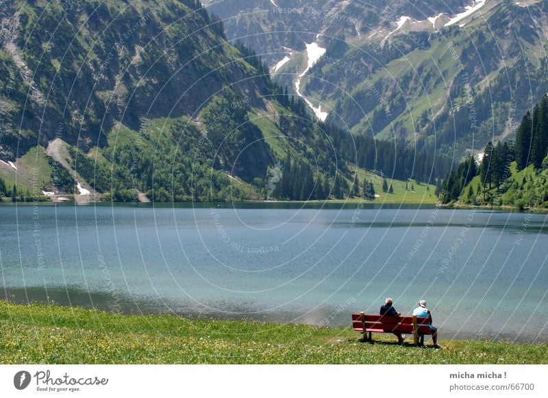 enjoy relaxed ... Lake Mountain lake Human being Green Relaxation Calm Loneliness Water Couple Bench Blue Landscape In pairs