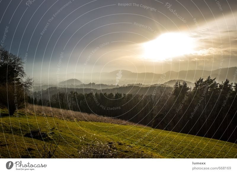 view of graz Landscape Sky Clouds Sun Weather Fog Tree Hill Graz Town Outskirts Populated Gray Green Mountain castle Vantage point Colour photo Exterior shot