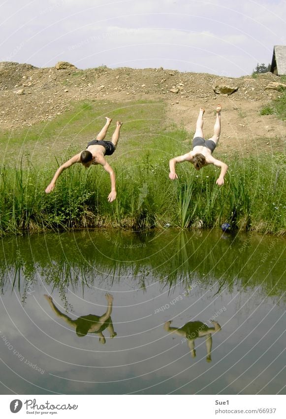 Flying can be so beautiful! Jump Reflection Headfirst dive Synchronous 2 Brown House (Residential Structure) Refrigeration Friendship Exterior shot Water Sky