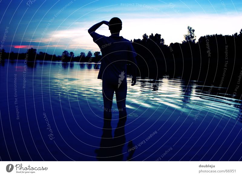 up to the ankle in the water... Pond Swimming trunks Night Sunset Horizon Forest Man Vantage point Lake Reflection Water Swimming & Bathing Dusk Evening Shadow