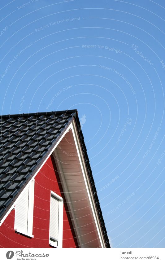 house gables House (Residential Structure) Gable Red Roof White Window Shutter Roofing tile Roller blind Summer Worm's-eye view Blue Sky Beautiful weather