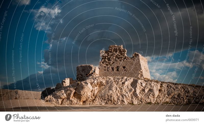 Roman ruin Architecture Storm clouds Wind Peak Island pag Deserted Castle Ruin Tourist Attraction Landmark Discover Threat Dark Senior citizen Bizarre Disaster