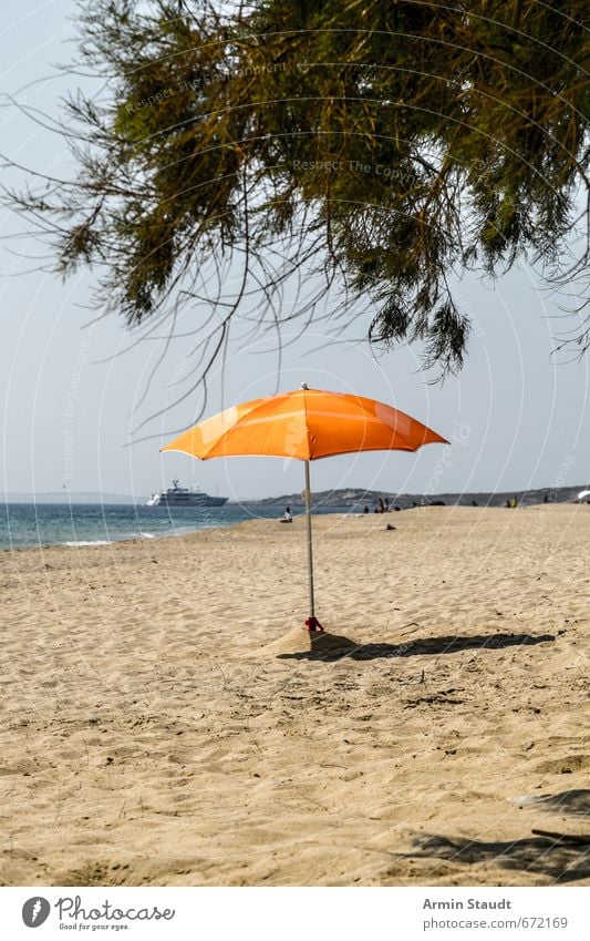 Lonely parasol Vacation & Travel Tourism Summer Cloudless sky Beautiful weather Beach Ocean Sunshade Gloomy Orange Moody Anticipation Loneliness