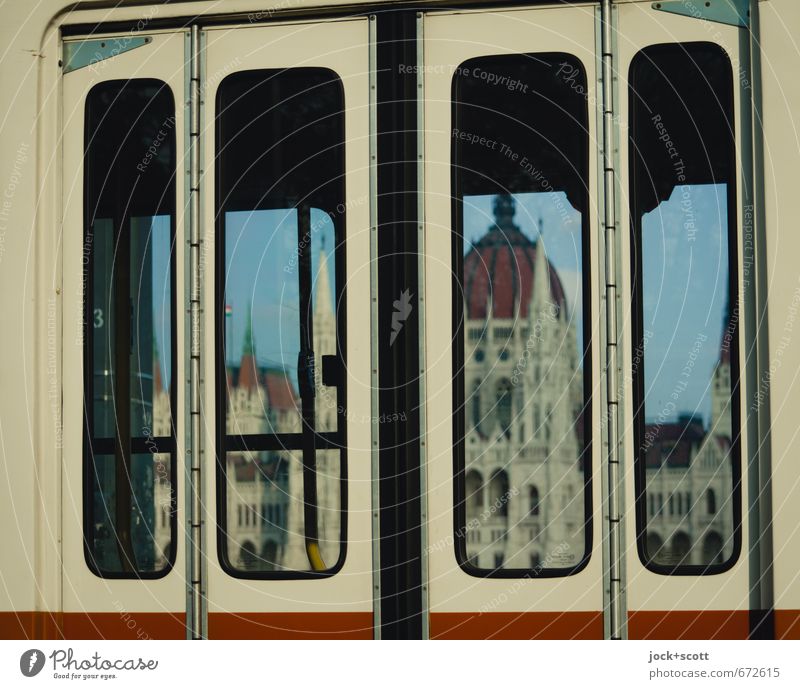 By tram to the parliament Architecture Neogothic Sixties Sky Beautiful weather Budapest Tourist Attraction Landmark Parliament Tram Stop (public transport)