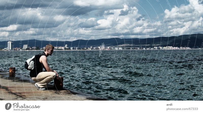 Touri by the sea Ocean Lake Waves Clouds Man Loneliness Bag Backpack Horizon Coast Hill Black Sea Bulgaria Europe Calm Tourist Tourism Break Dark Summer