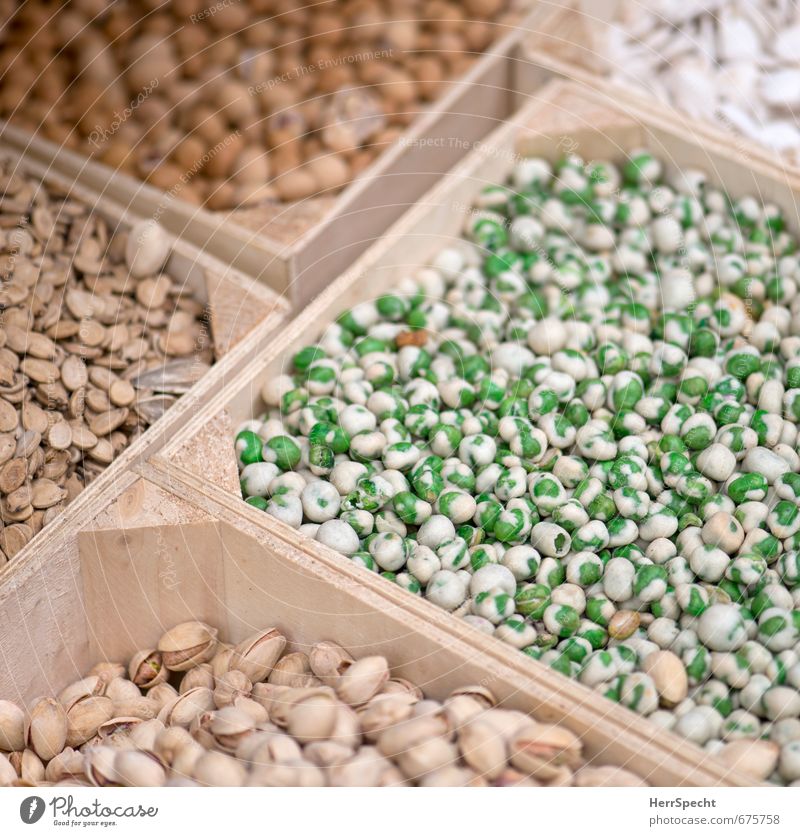 bulk goods Food Peas Legume Grain Pistachio Nut Nutrition Pedestrian precinct Wood Shopping Sell Esthetic Delicious Brown Green Wooden box Market stall Markets