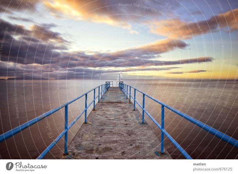 catwalk Nature Landscape Water Sky Clouds Horizon Sunrise Sunset Spring Weather Beautiful weather Coast Ocean Island Deserted Blue Gold Orange Mole Handrail