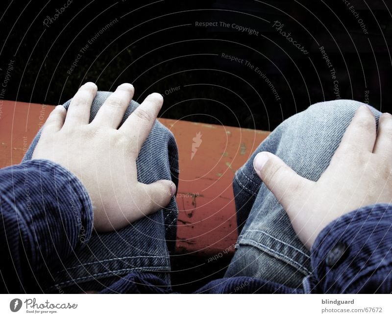 sit around Hand Pants Observe Child Relaxation Fingers Children`s hand Jeans jacket Looking Sit Bench bore Boredom Wait Wrinkles Feasts & Celebrations Gloomy