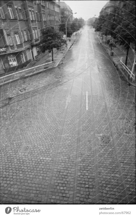 end of summer Summer Rain Cobblestones Wet Empty Tram Railroad tracks Glittering