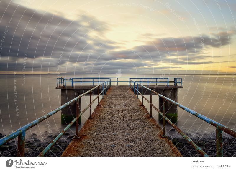 el oriente Environment Nature Sky Clouds Horizon Sun Sunrise Sunset Spring Climate Weather Beautiful weather Coast Ocean Blue Gold Black Jetty Banister Island