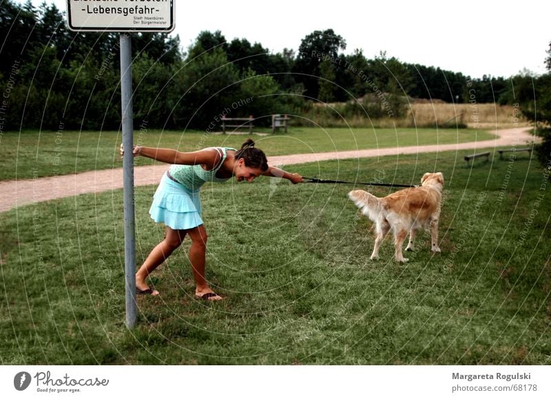 stroll Dog Woman Girl Meadow Field Forest Bushes Danger of Life Signs and labeling To go for a walk Pull Lanes & trails