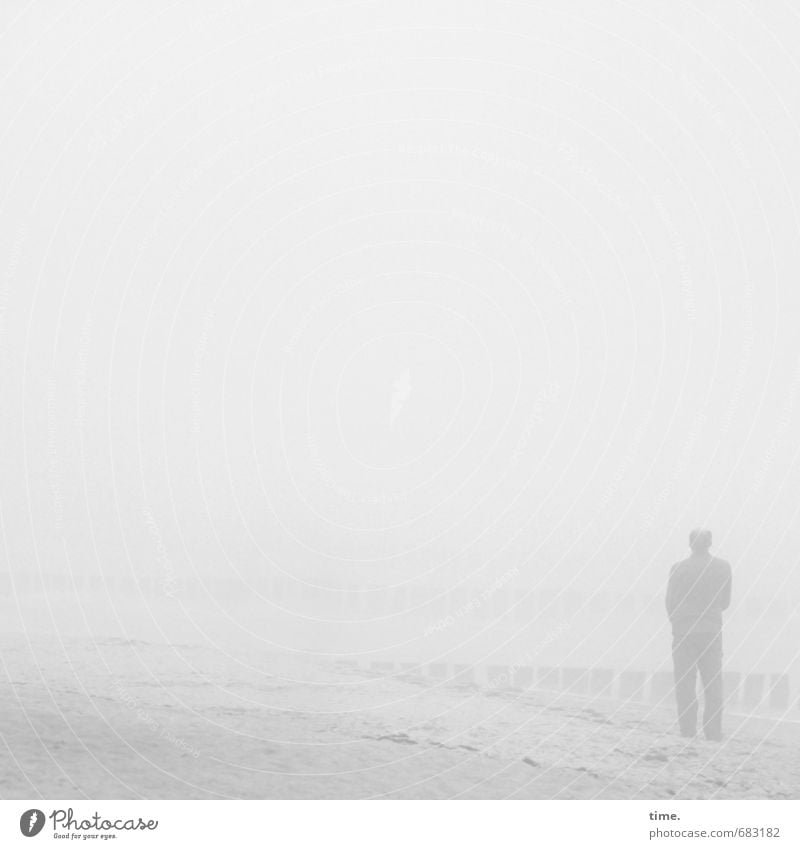 Patience Waiting for the Sun Masculine 1 Human being Fog Coast Beach Baltic Sea Observe Stand Dark Creepy Maritime Brave Acceptance Serene Patient Calm