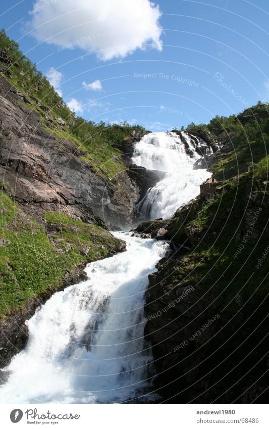 Waterfall in Norway Clouds Meadow Canyon Mountain Alps Nature River Sky Stone