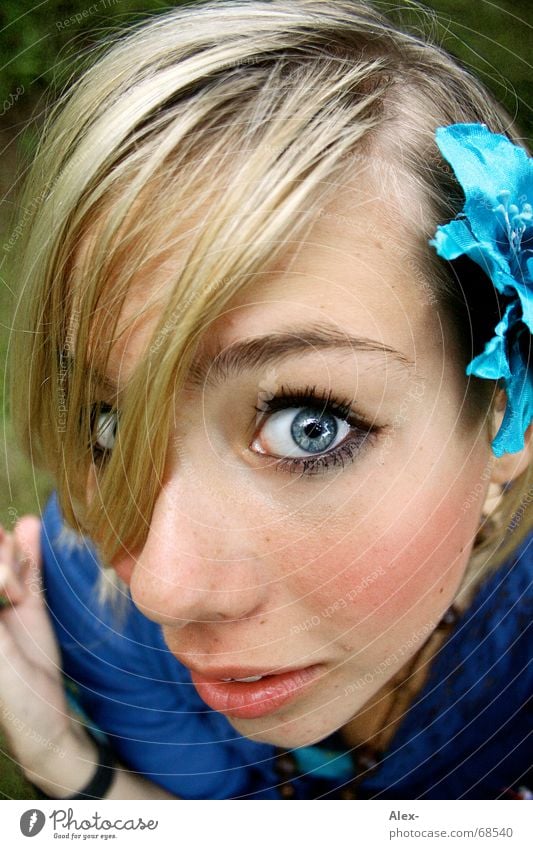 fisheye Wide angle Near Large Beautiful Sweet Flower Cold Small Woman Curiosity Fisheye Eyes Blue Nose Mouth Face Hair and hairstyles Fear Looking Electricity