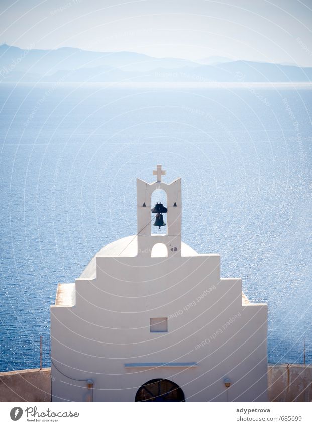 Greece island Architecture Environment Nature Water Sky Cloudless sky Summer Beautiful weather Waves Coast Beach Ocean Village Small Town Old town Church