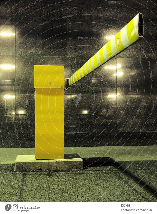 long poor Control barrier Dark Yellow Parking Parking lot Parking garage Light Night Town reflections Perspective