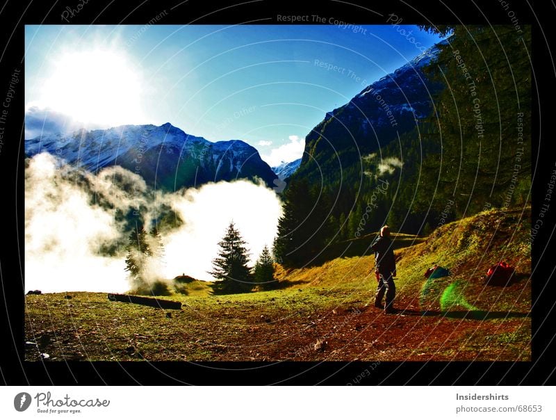 Autumn in the mountains Fog Autumnal colours Red Green Yellow Panorama (View) Mountain Sun Snow Blue autumn panorama Vantage point Great autumn photo Large