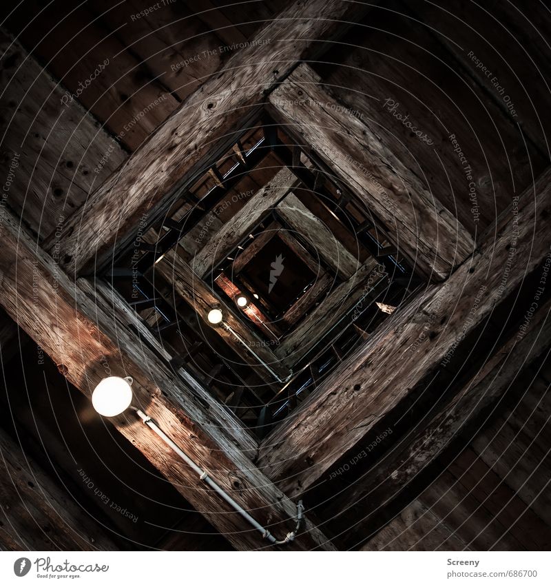 Looking up... Tower Manmade structures Building Story Banister Wood Sharp-edged Brown Height Fear of heights Lamp Joist Colour photo Interior shot Deserted Day