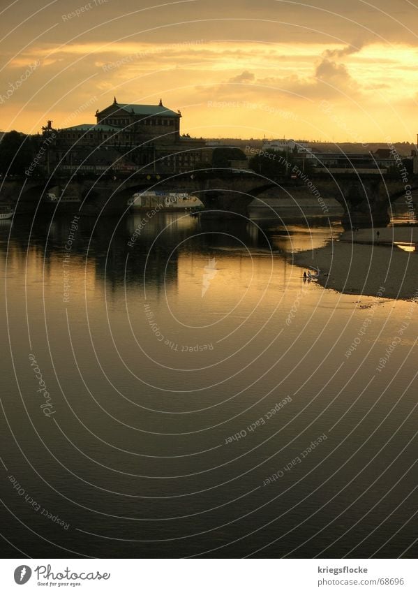 elbeabend the 2. Dresden Town Building Famousness Watercraft Moody Reflection Clouds Elbe River Bridge Old town Sun Sky Evening Human being