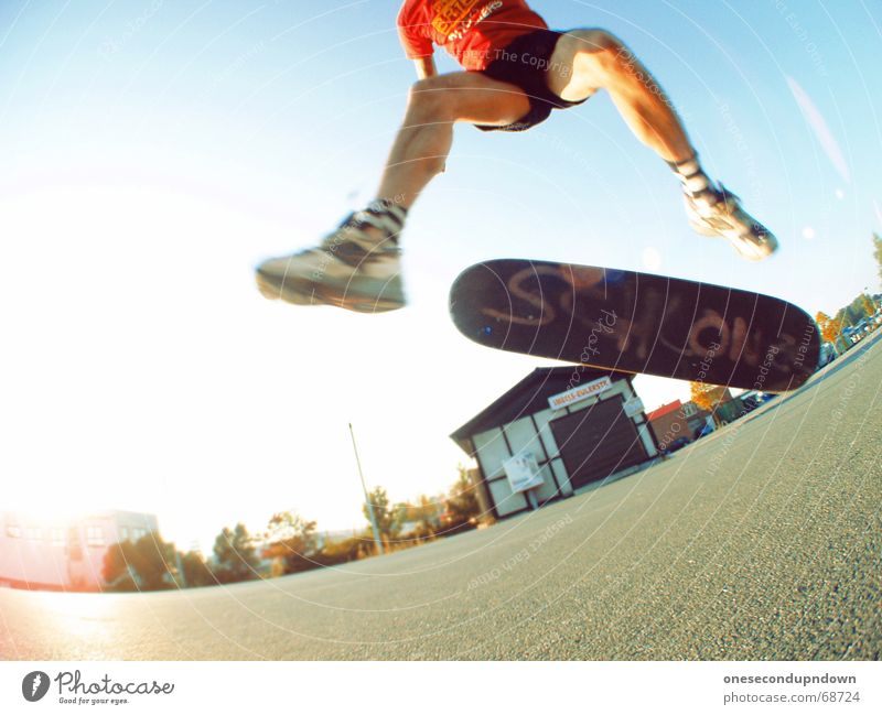 boxershort heelflip Fisheye Summer Man Joie de vivre (Vitality) Alternative Rock'n'Roll Sky Home improvement store Parking lot Industrial district Griptape