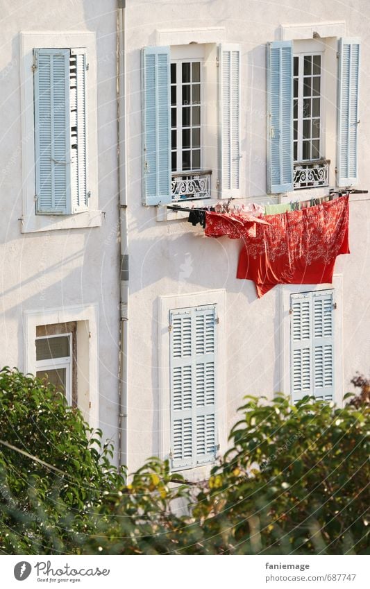 air-dried Town Port City Wall (barrier) Wall (building) Blue Green Red White Mediterranean Bright Laundry Sheet Washing day Marseille Southern France Provence