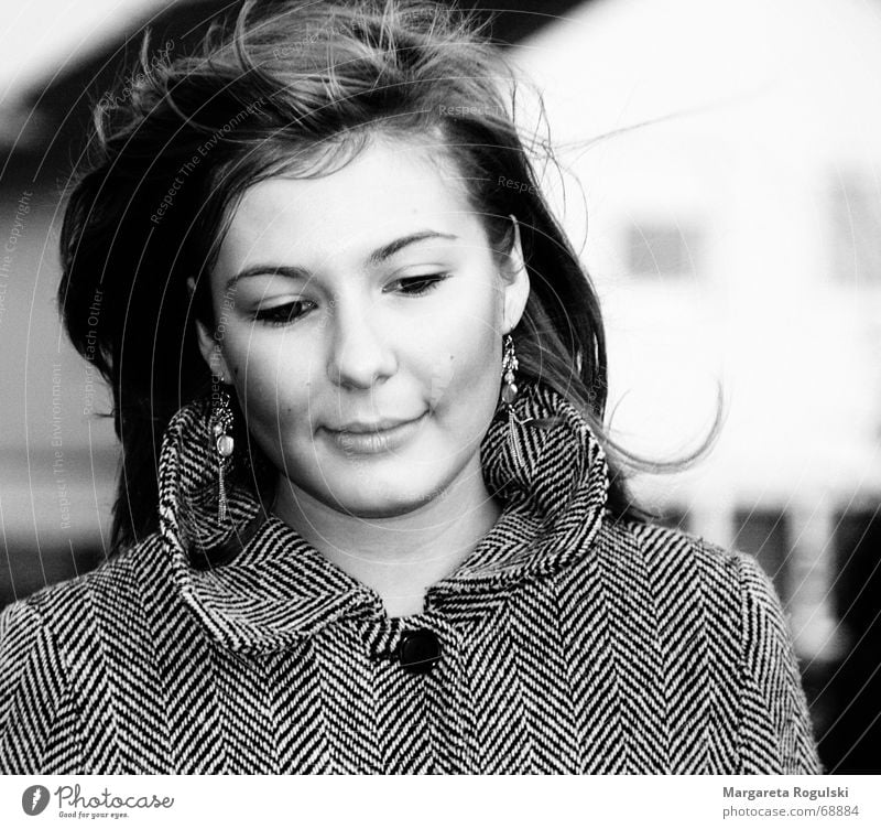 wind Woman Coat Cold To go for a walk Wind Hair and hairstyles Black & white photo Blow Sadness