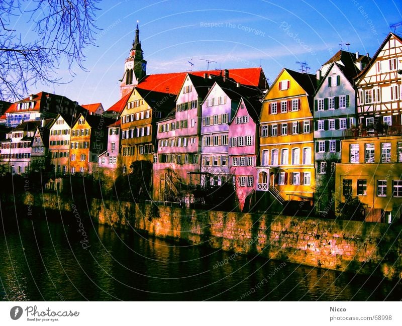 Tübingen on the river Neckar Town House (Residential Structure) Multicoloured Beautiful Wall (barrier) Flow Electricity Facade Window Roof Red Green Yellow