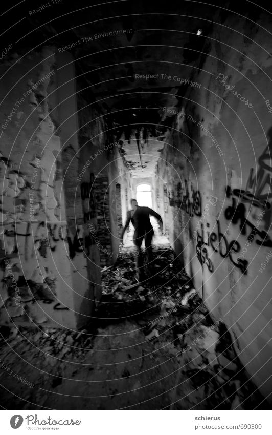 cursed Hallway House (Residential Structure) Ruin Wall (barrier) Wall (building) Stairs Window Graffiti Walking Running Dark Creepy Gloomy Gray Longing