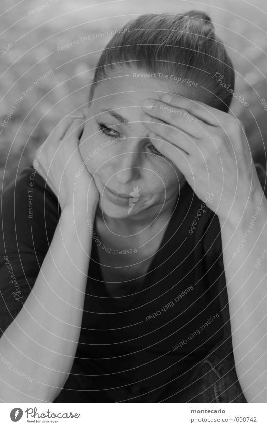 Loner (in) | Thoughts Human being Feminine Woman Adults 1 30 - 45 years Think Crouch Looking Sit Dream Black & white photo Exterior shot Close-up Detail Day