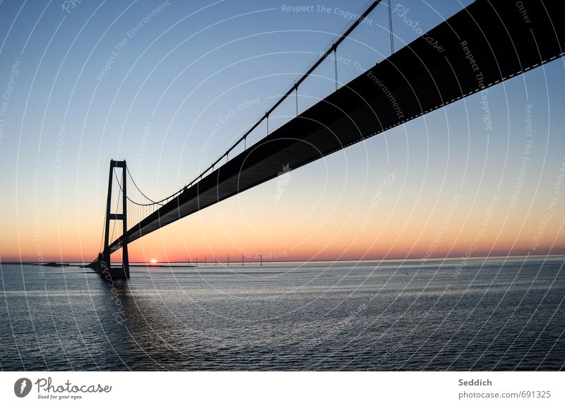 Great Belt Bridge Vacation & Travel Tourism Cruise Sun Art Architecture Landscape Water Sky Cloudless sky Horizon Sunrise Sunset Spring Coast Baltic Sea