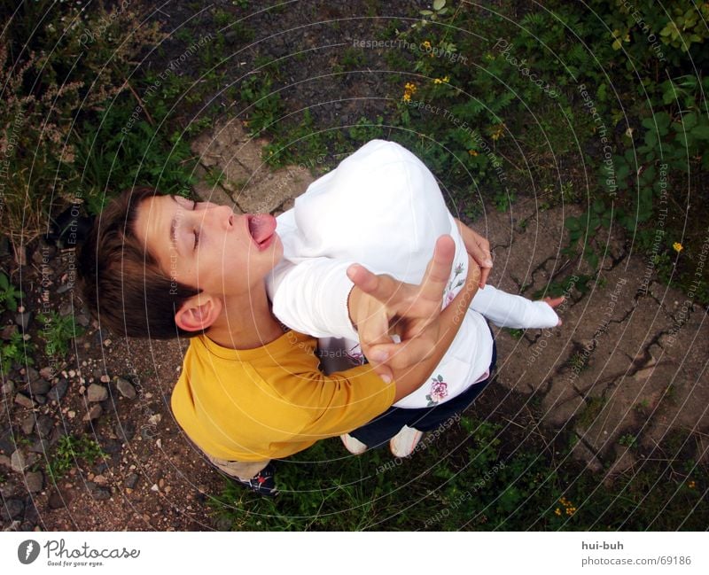 peace brother Child Playing Absurdity Peace Fingers 2 White Grass Railroad crossing To hold on Pushing Rip Bird's-eye view Under Girl Sister Sign Tongue Eyes