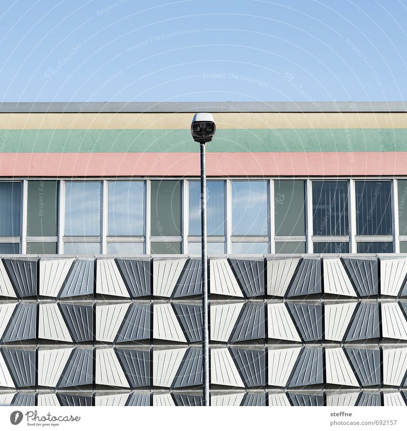 Chic Schwedt Cloudless sky Swedish Facade Multicoloured Street lighting Shopping center Colour photo Abstract Pattern Structures and shapes Copy Space top