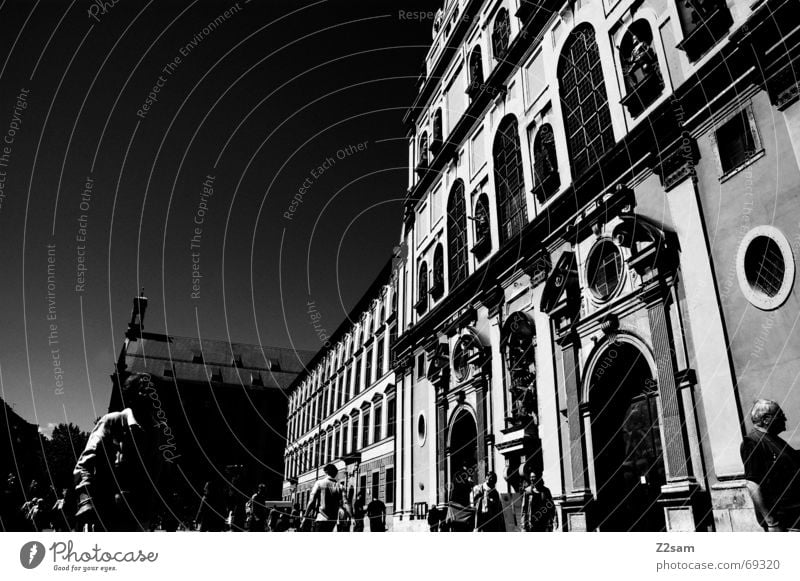 Michaelskirche_Munich Life Human being Going Stress Town street Religion and faith Perspective architecture Black & white photo