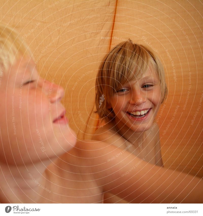 laugh 2 Grinning Portrait photograph Child Friendship Tent Camping Laughter Face Boy (child) boy Happy Joy little friend jets Funny