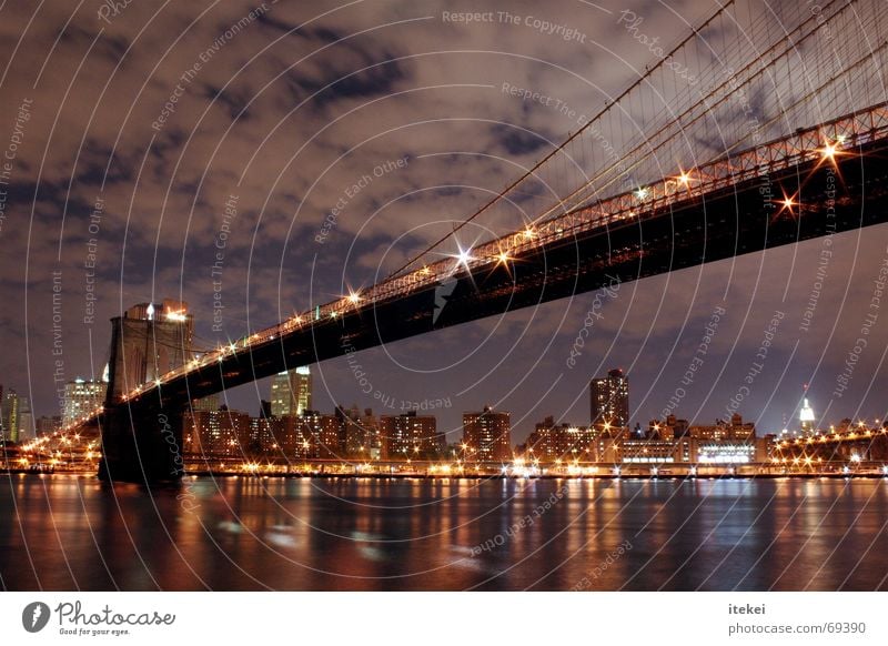 Brooklyn Bridge, NYC Quarter New York City Transport East River Long exposure Night Dark Town Reflection Bad weather USA Americas Exterior shot borough Light