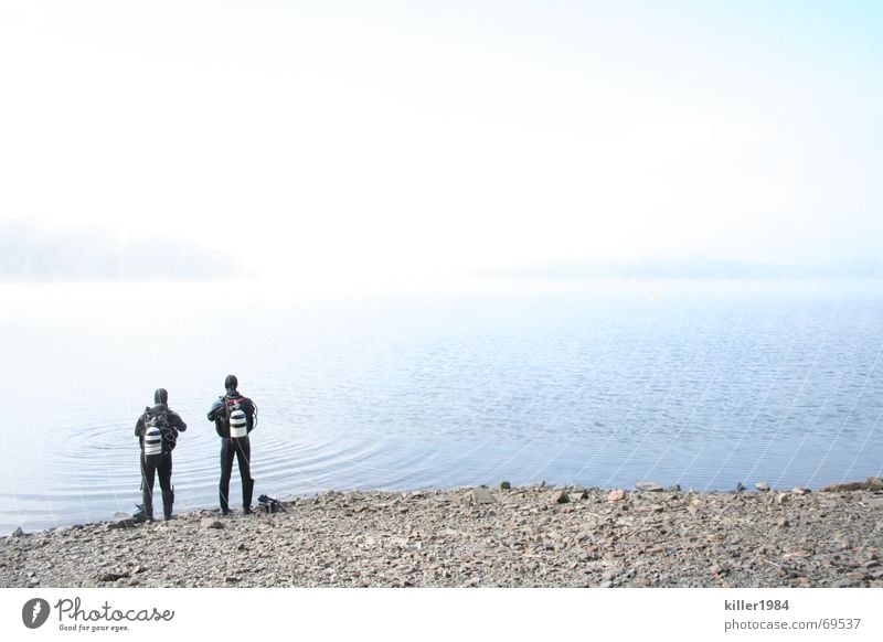 Alone at the wide lake Lake Diver Lake Eder Fog Diving equipment Friendship Wet Cold Morning Clouds Freedom Landscape Water Fluid Sky