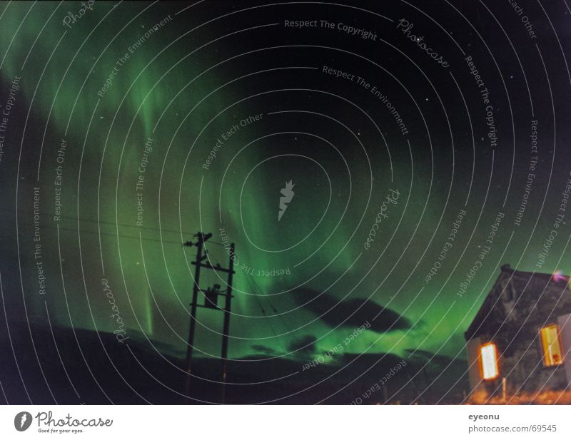 Northern lights over Steintun Aurora Borealis Farm Shed Iceland Night Electricity pylon Long exposure Calm House (Residential Structure) Slumber Shack