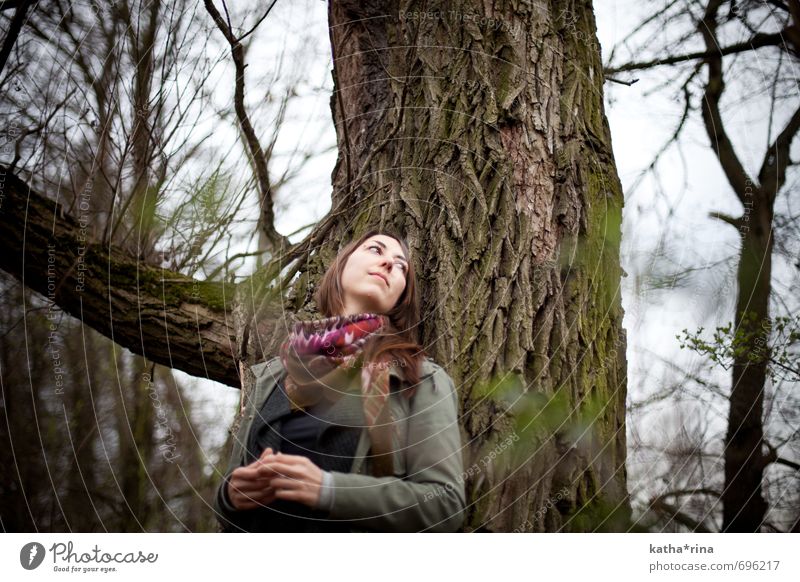 * Human being Feminine Young woman Youth (Young adults) 1 18 - 30 years Adults Nature Clouds Tree Scarf Brunette Long-haired Brown Green Contentment Calm Lean