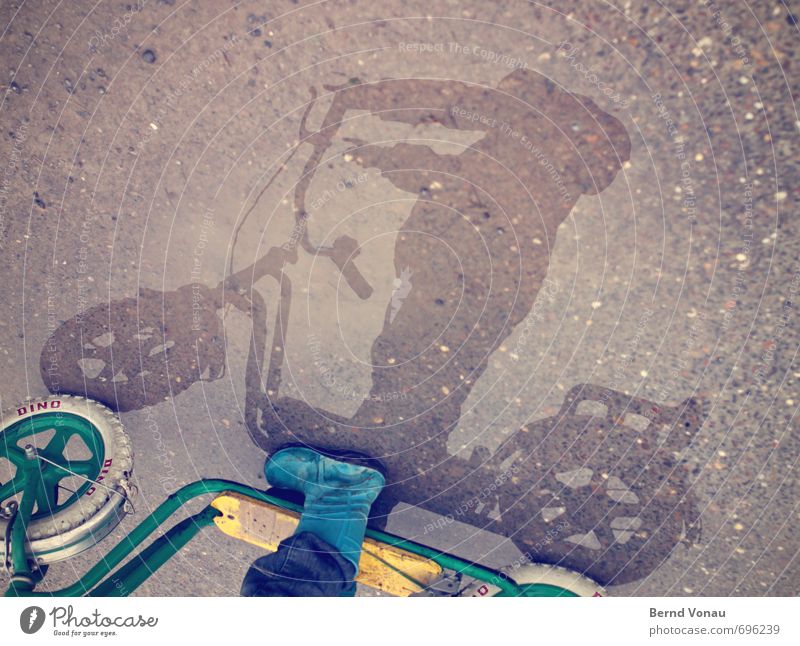 there! Scooter Tire Wet Puddle Bad weather Child Boots Yellow Green Reflection Blue Brown Dirty Rain Rainwater Exterior shot Day Silhouette Indicate Hand