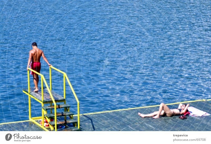 couple Beach Summer Jump Swimwear Lake Water man and woman Blue Swimming & Bathing