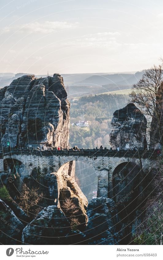 Bastion Bridge Crowd of people Nature Sky Sunrise Sunset Beautiful weather Tree Rock Mountain Tourist Attraction Bastei Observe Discover Vacation & Travel