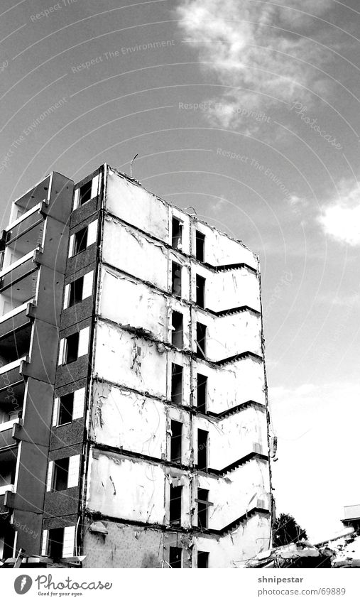 Look, over there I see Werner! Leipzig Grünau East Gray White Dark Summer Gloomy Dismantling Prefab construction Gray scale value Balcony Pedestrian precinct