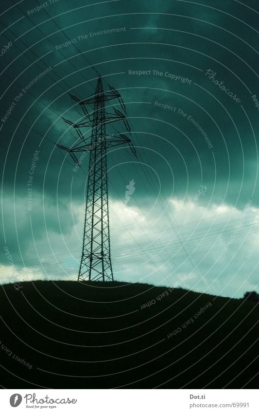 Power pole against gloomy sky Energy industry Nature Sky Clouds Storm clouds Climate Weather Bad weather Wind Rain Thunder and lightning Hill Threat Dark Gray